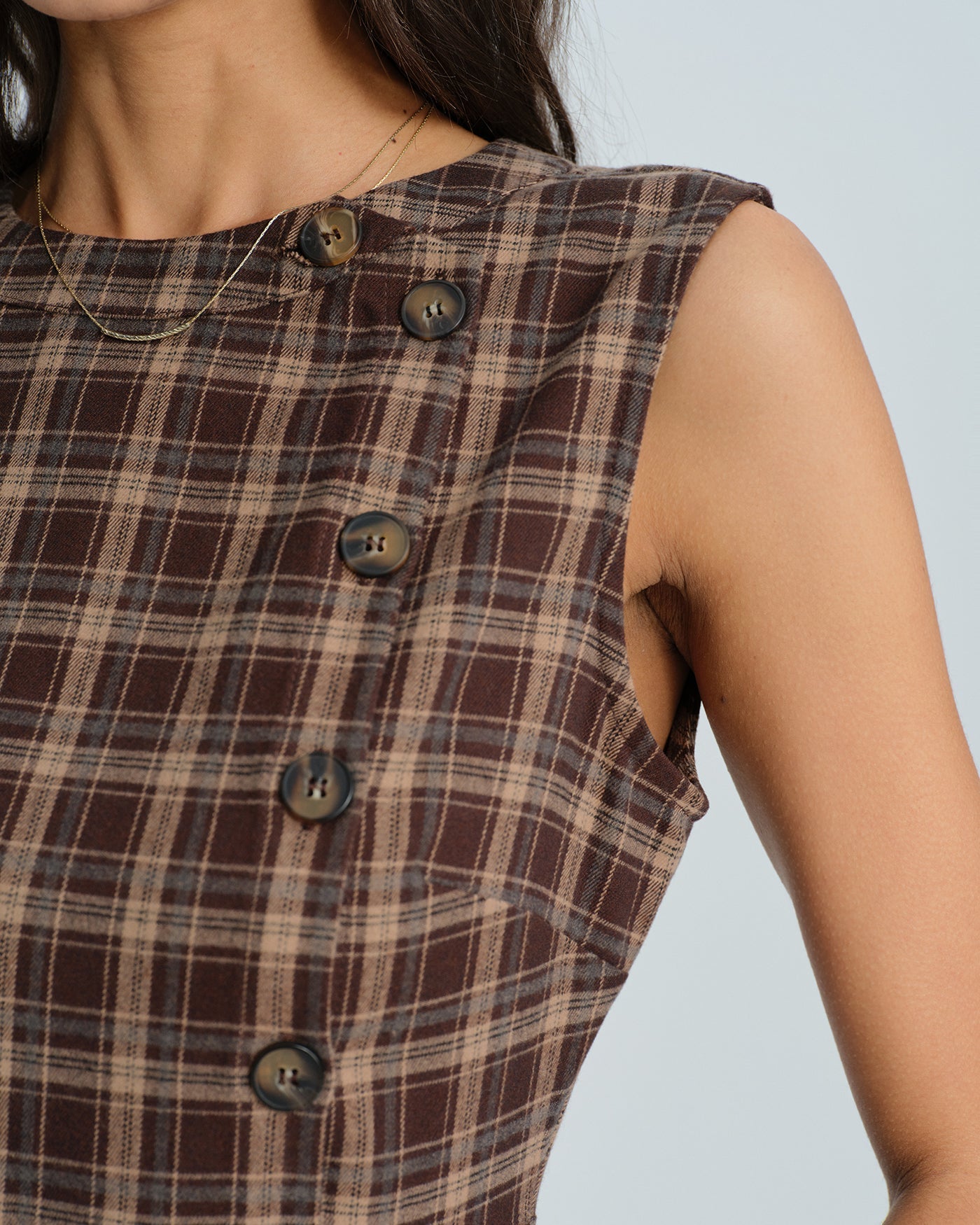 Brown Plaid Mini Dress with Sleeveless Design