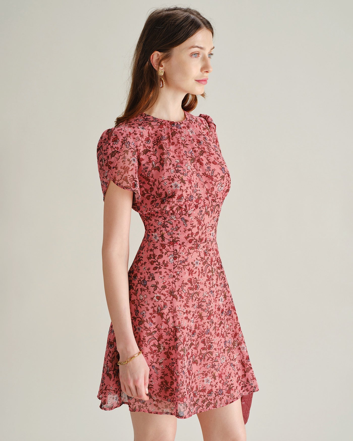 Floral Ruffle Chiffon Mini Dress in Pink