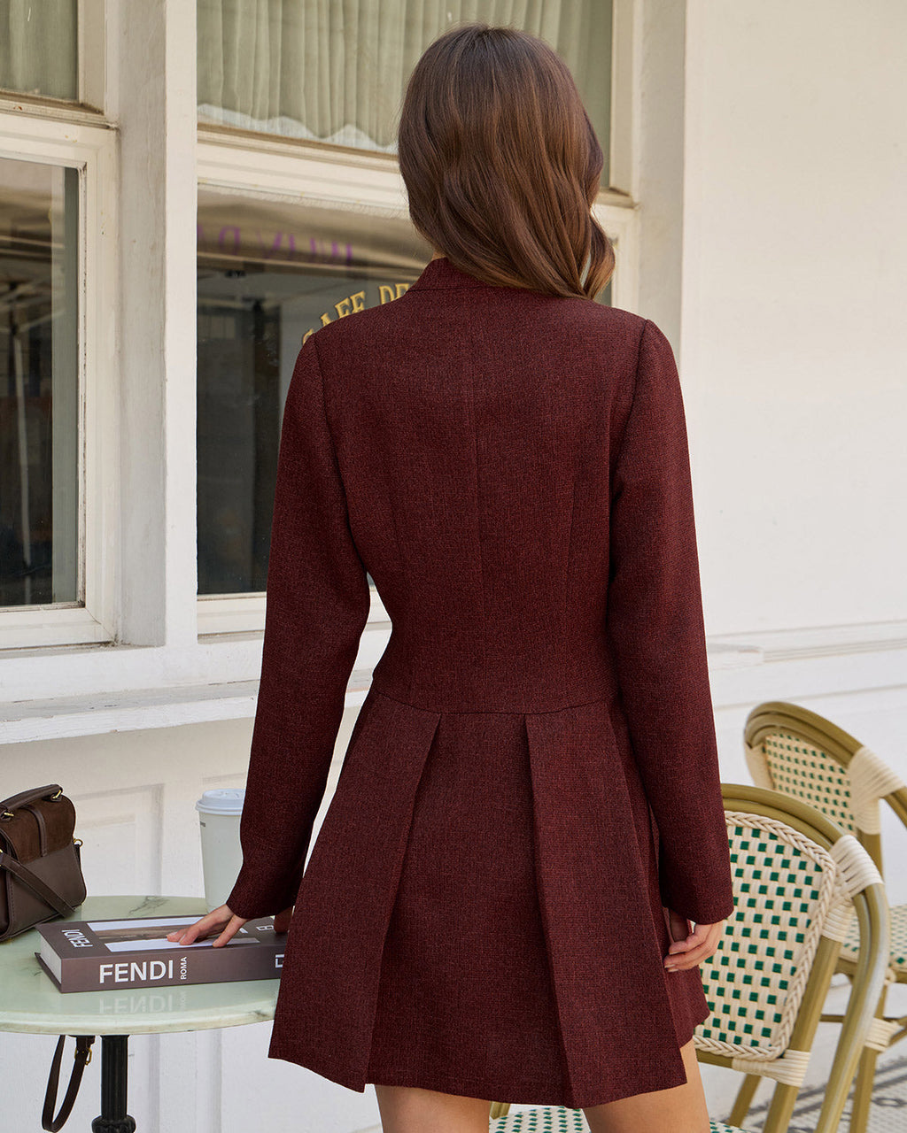 Wine Red Pleated Mini Dress with Button Detail