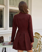 Wine Red Pleated Mini Dress with Button Detail