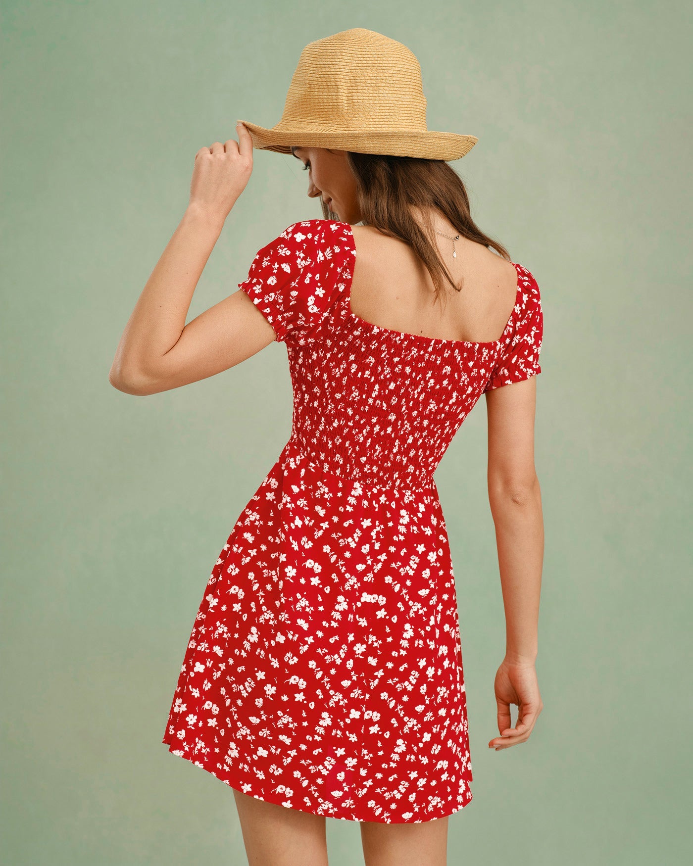 Floral Mini Dress with Red Square Neck