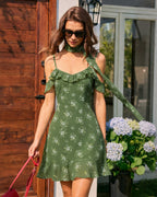 Floral Print Green Chiffon Mini Slip Dress