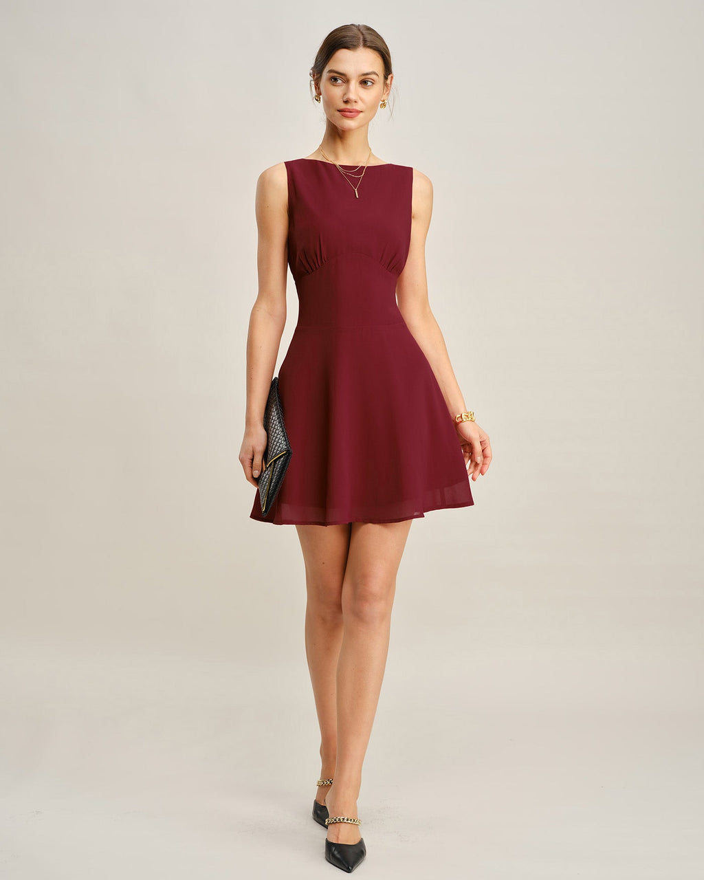 Wine Red Pleated Mini Dress with Boat Neck