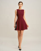 Wine Red Pleated Mini Dress with Boat Neck