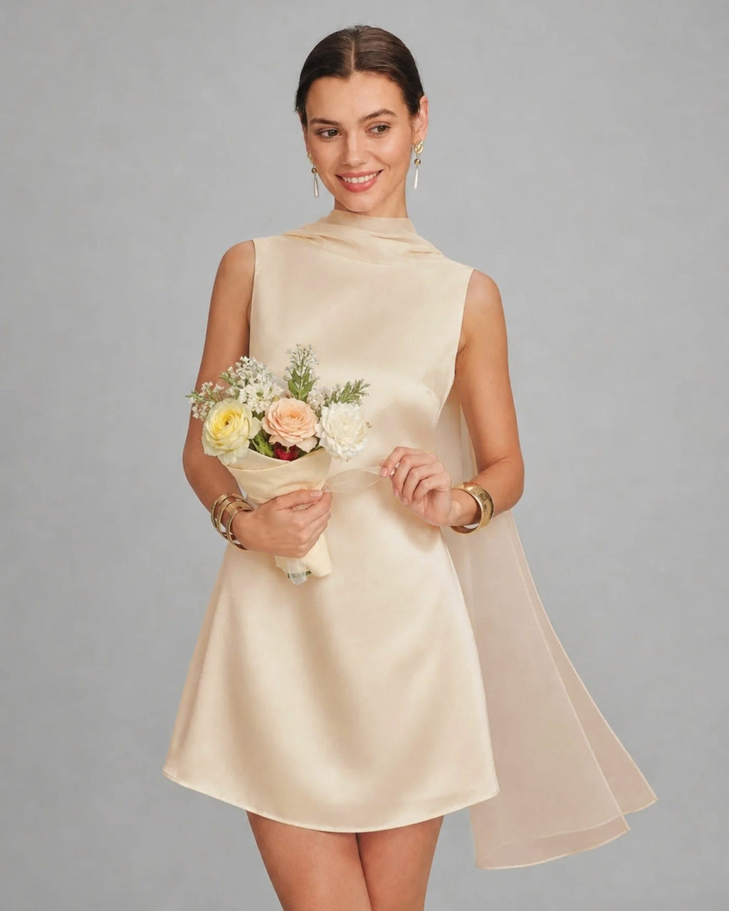 Apricot Satin Mini Dress with Boat Neck and Tie Detail