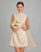 Apricot Satin Mini Dress with Boat Neck and Tie Detail