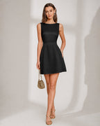 Black A-Line Mini Dress with Boat Neck and Pearl Accents