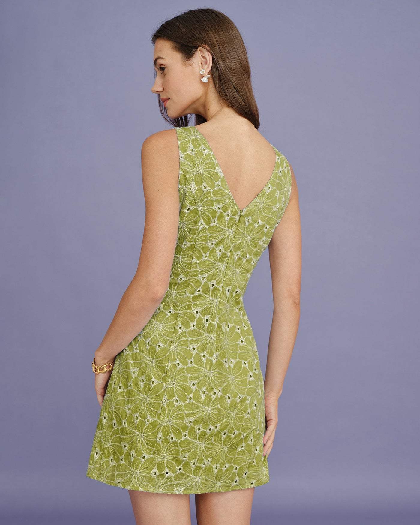 Embroidered Mini Dress with Green Boat Neck