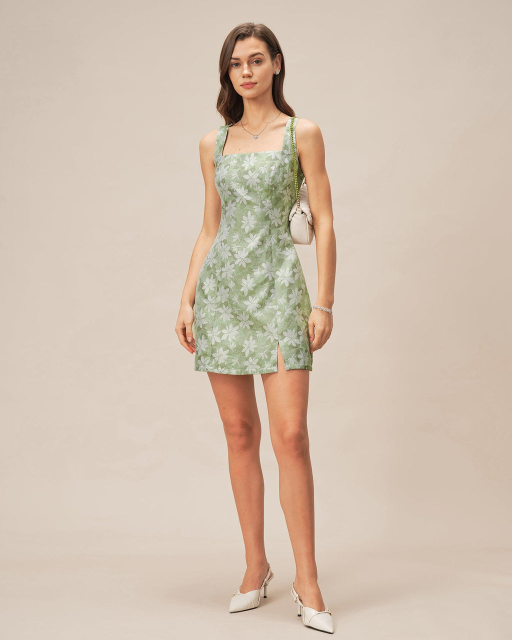 Floral Mini Dress with Green Square Neck and Slit Detail