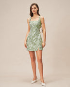 Floral Mini Dress with Green Square Neck and Slit Detail