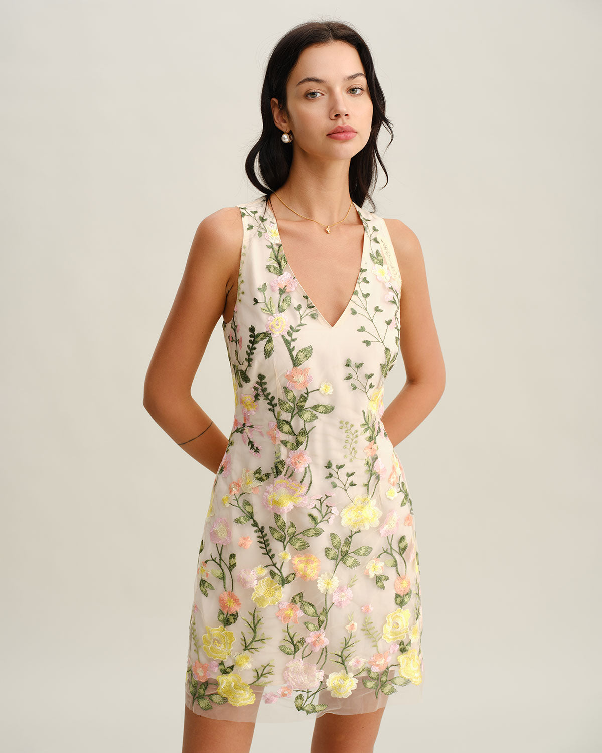 Floral Sleeveless Mini Dress in Yellow with V-Neck