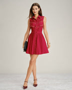 Mini Dress with Lace Button Details and Red Collar
