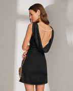 Black A-Line Mini Dress with Boat Neck and Pearl Accents