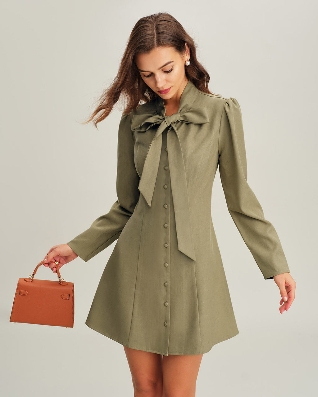 Green A-Line Mini Dress with Tie Neck Detail