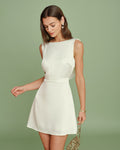 Pearl-Embellished Apricot Boat Neck Mini Dress