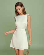 Pearl-Embellished Apricot Boat Neck Mini Dress