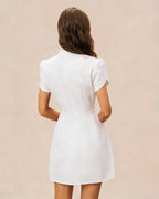White Mandarin Collar Button-Up Mini Dress