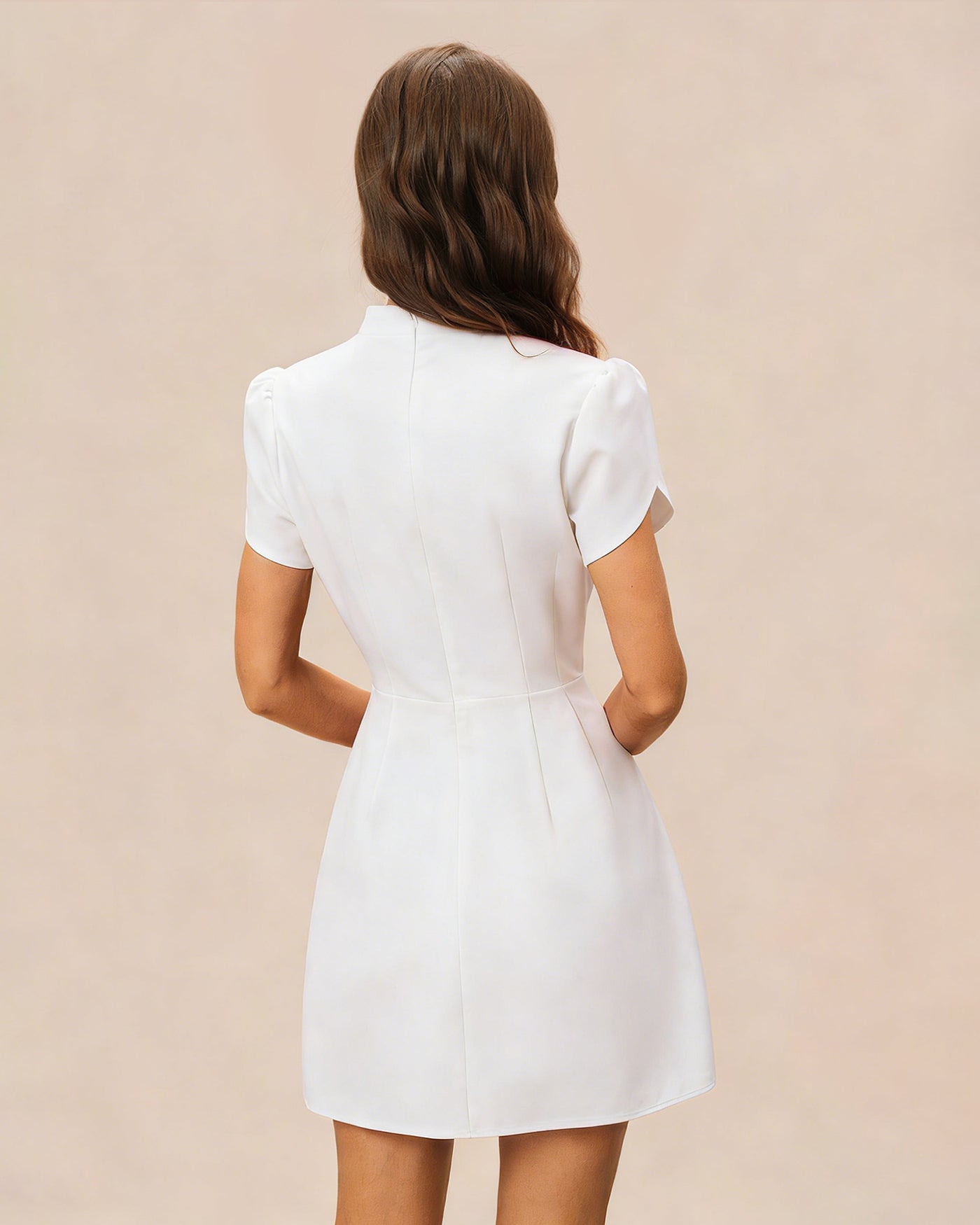 White Mandarin Collar Button-Up Mini Dress