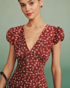 Red Jacquard V-Neck Mini Tunic Dress