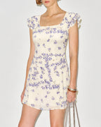 Floral Mini Dress with Square Neck and Tie Detail in Apricot