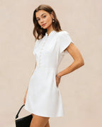White Mandarin Collar Button-Up Mini Dress