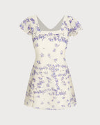Floral Mini Dress with Square Neck and Tie Detail in Apricot