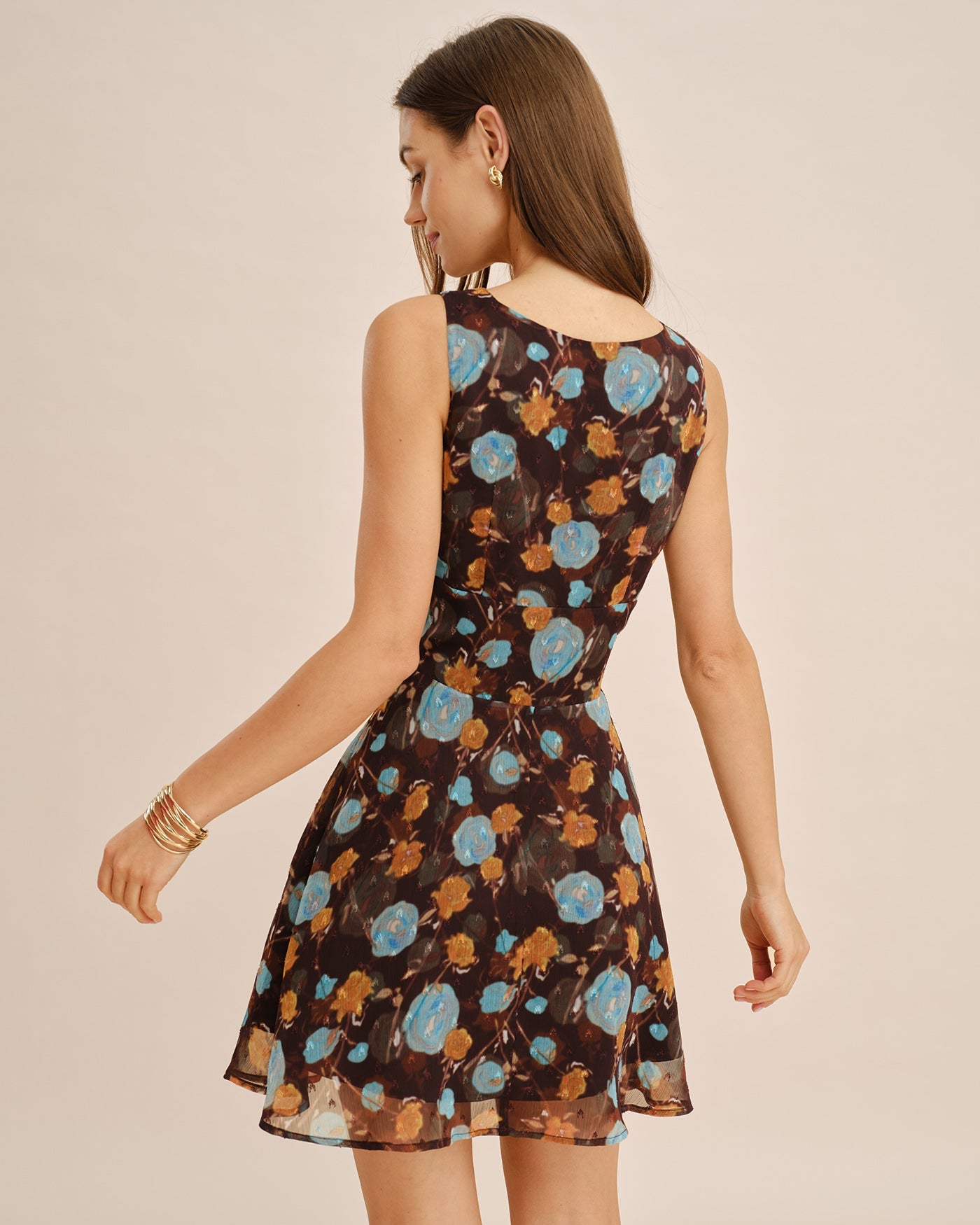 Floral Mini Dress with Boat Neck in Coffee Color