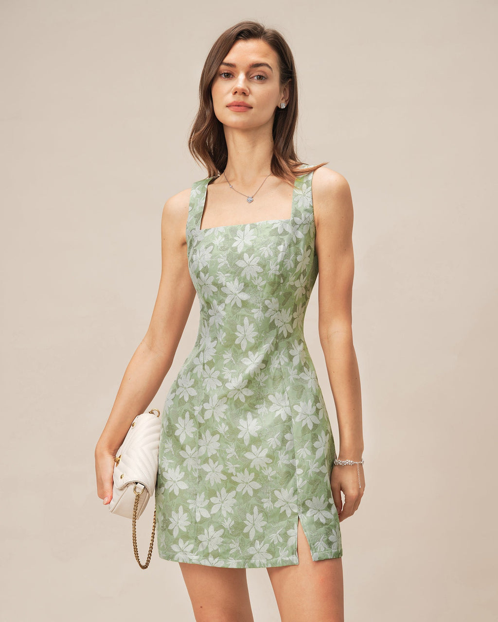 Floral Mini Dress with Green Square Neck and Slit Detail