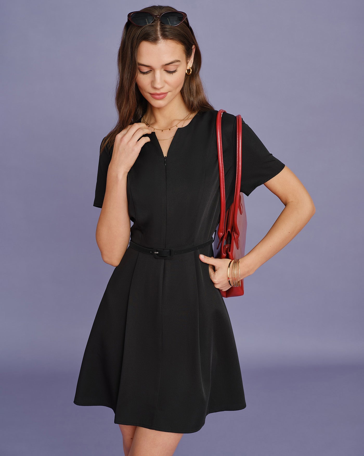 Ruched Mini Dress with Black Belt