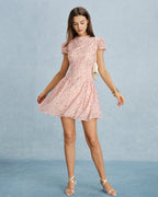 Floral Chiffon Mini Dress with Pink Mock Neck