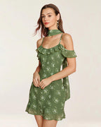 Floral Print Green Chiffon Mini Slip Dress