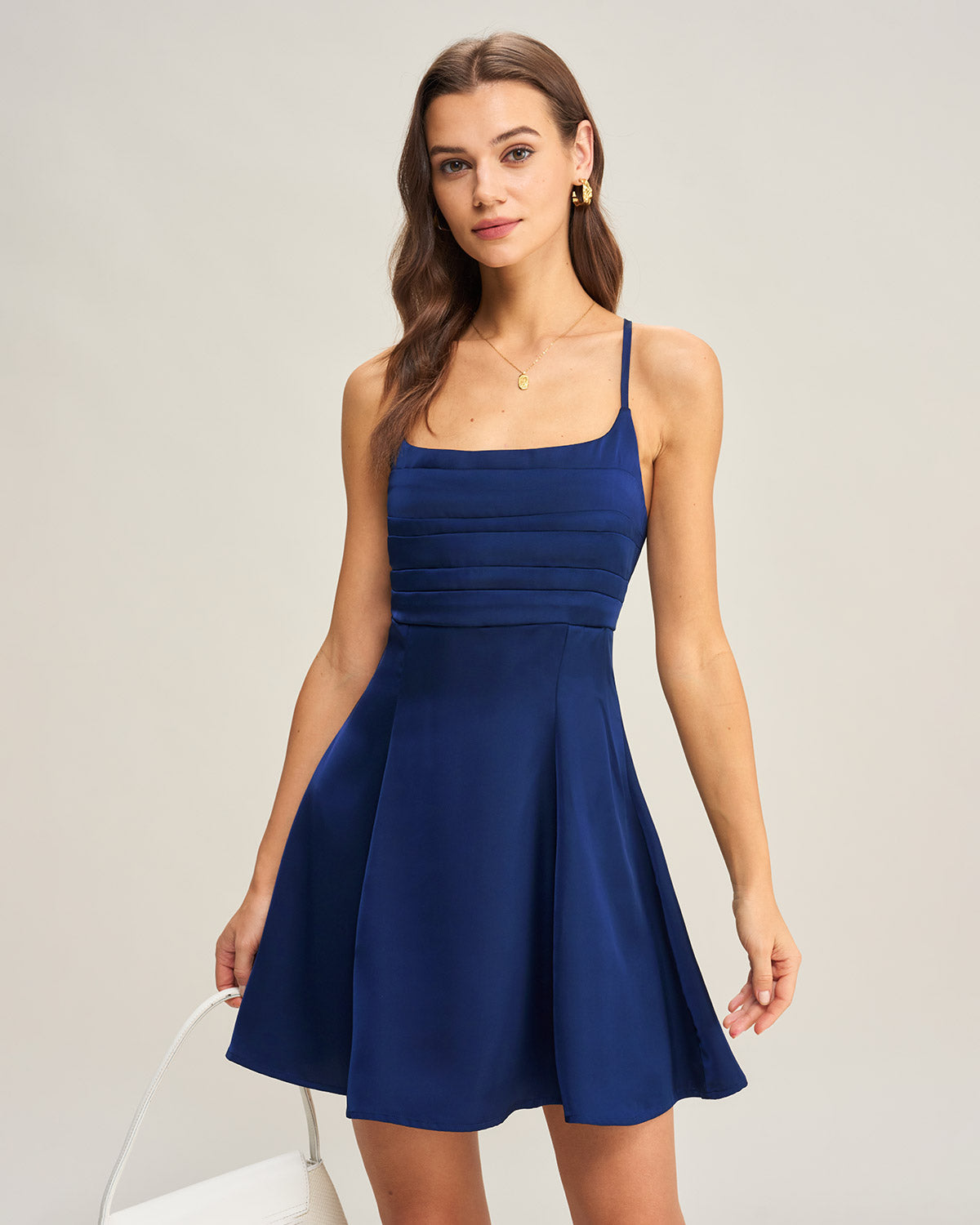 Navy Satin Pleated Mini Slip Dress