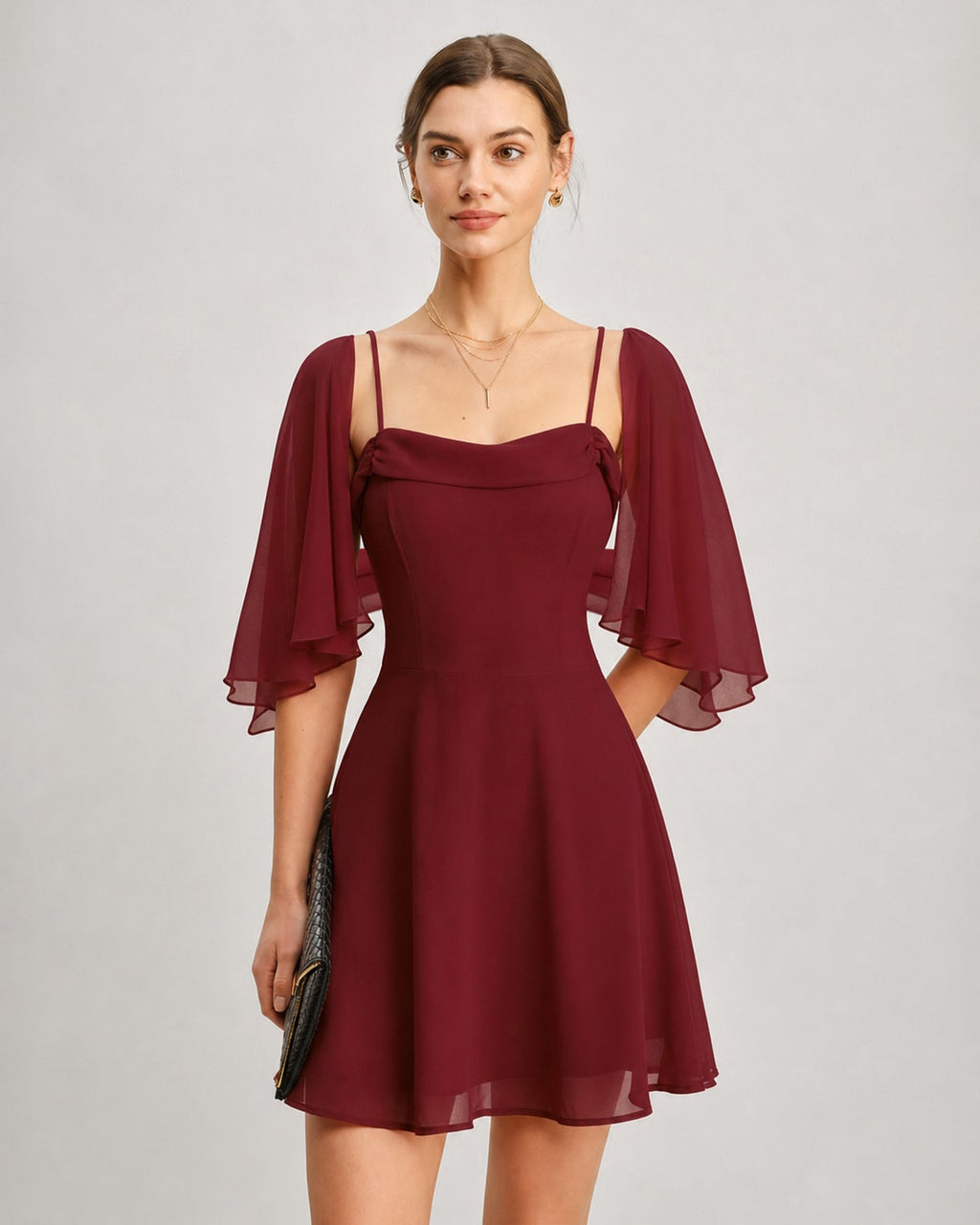 Red Chiffon Mini Dress with Ruched Slip Design