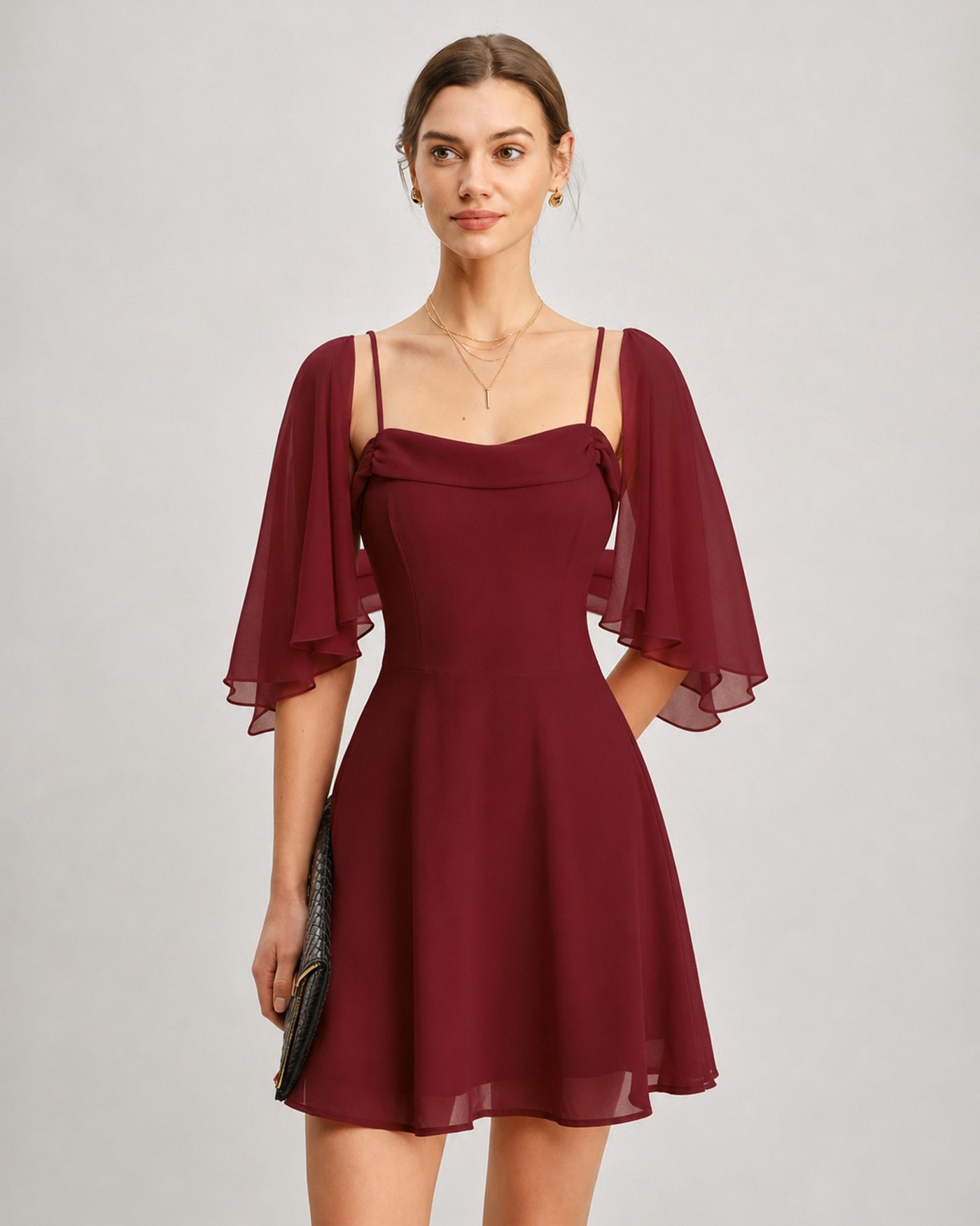 Red Chiffon Mini Dress with Ruched Slip Design