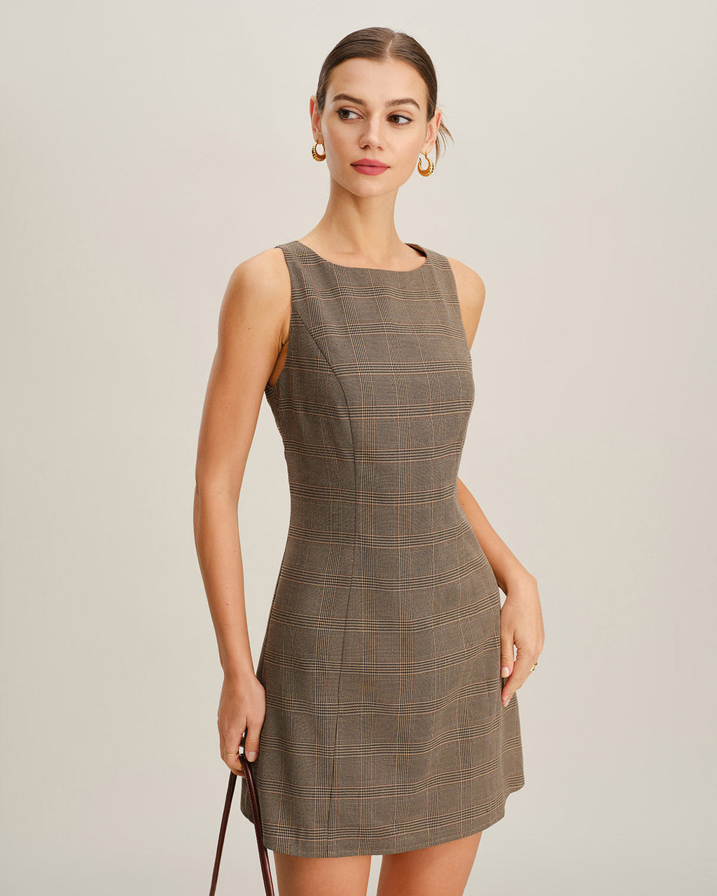Brown Checkered Sleeveless Mini Dress
