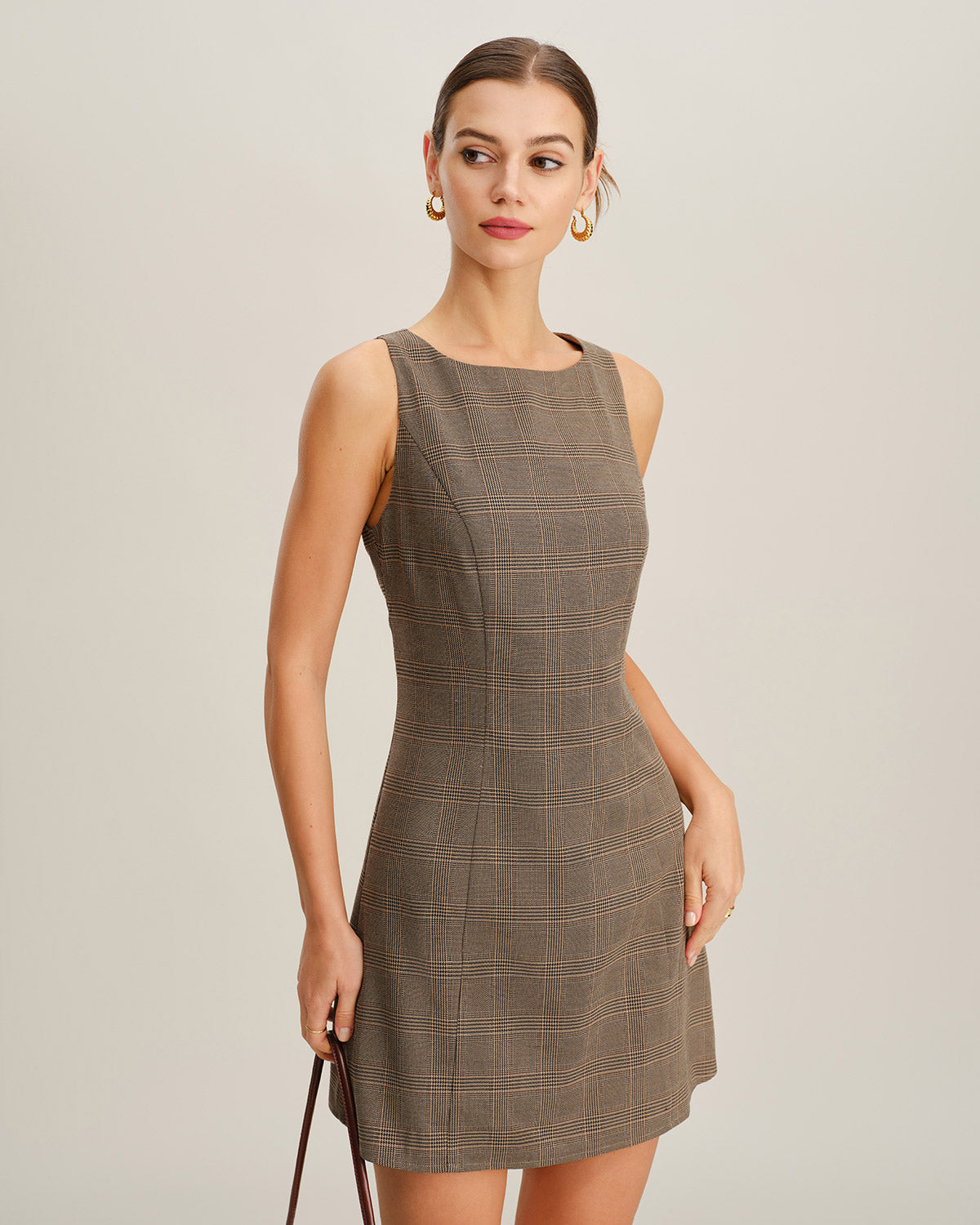 Brown Checkered Sleeveless Mini Dress