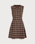 Brown Plaid Mini Dress with Sleeveless Design