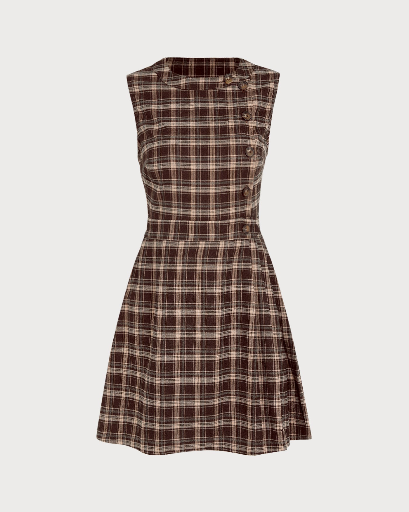 Brown Plaid Mini Dress with Sleeveless Design