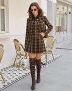 Brown Plaid Sleeveless Mini Dress with Pleated Design