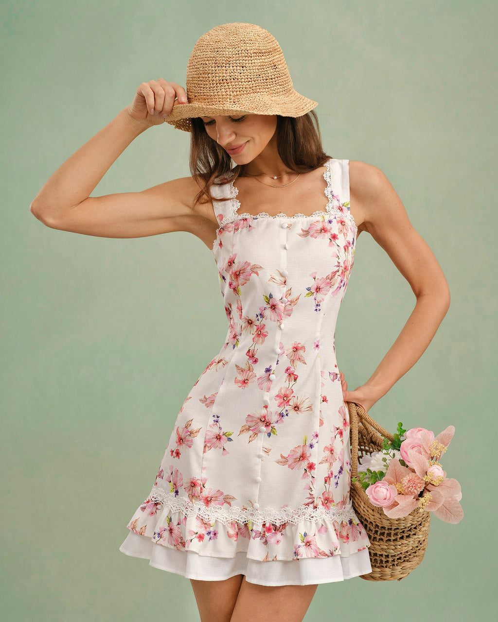 Floral Print Square Neck Mini Dress with Button Details