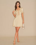 Apricot Lace Satin Mini Dress with V-Neck
