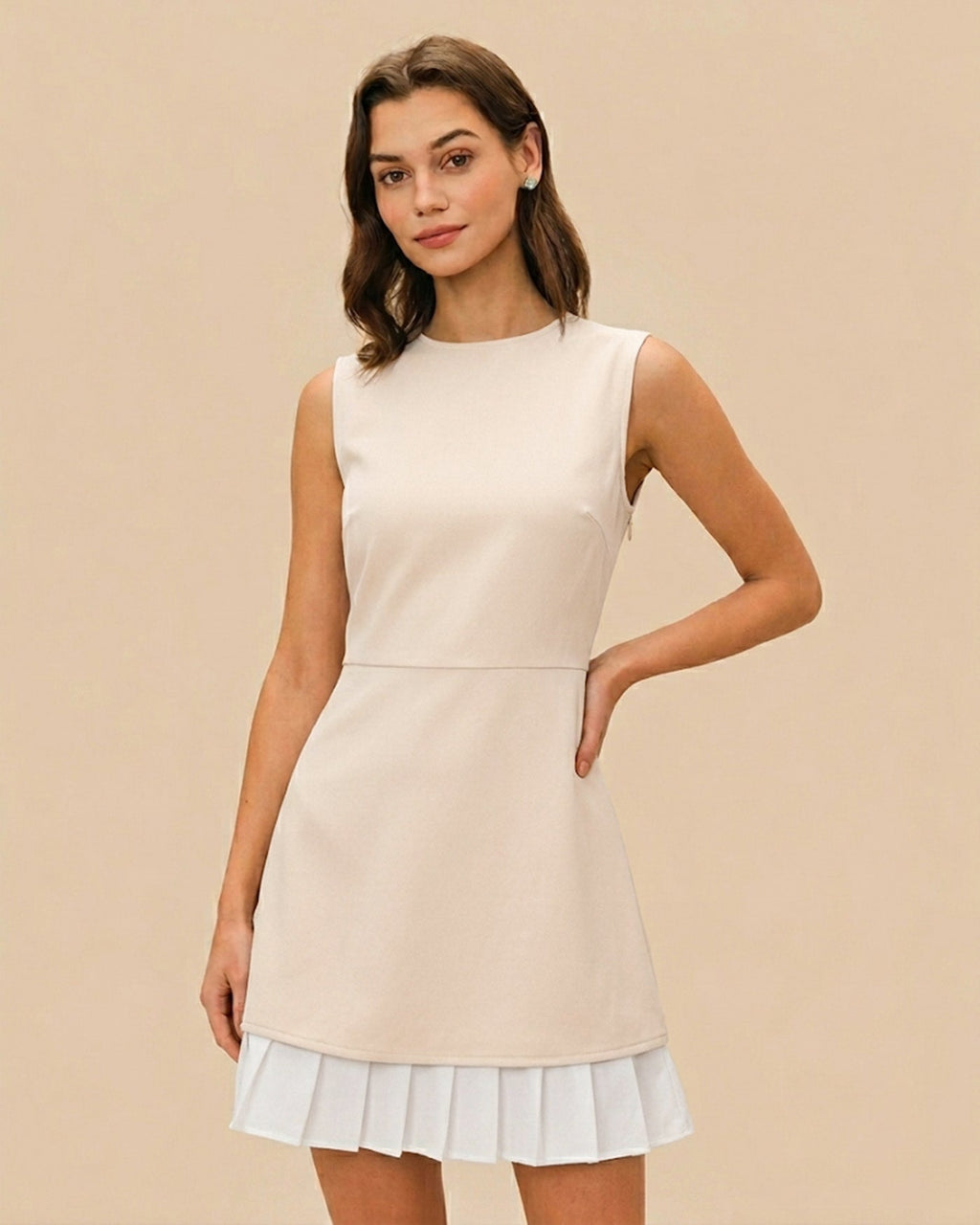 Women's Pleated Mini Dress with Apricot Color Block Design