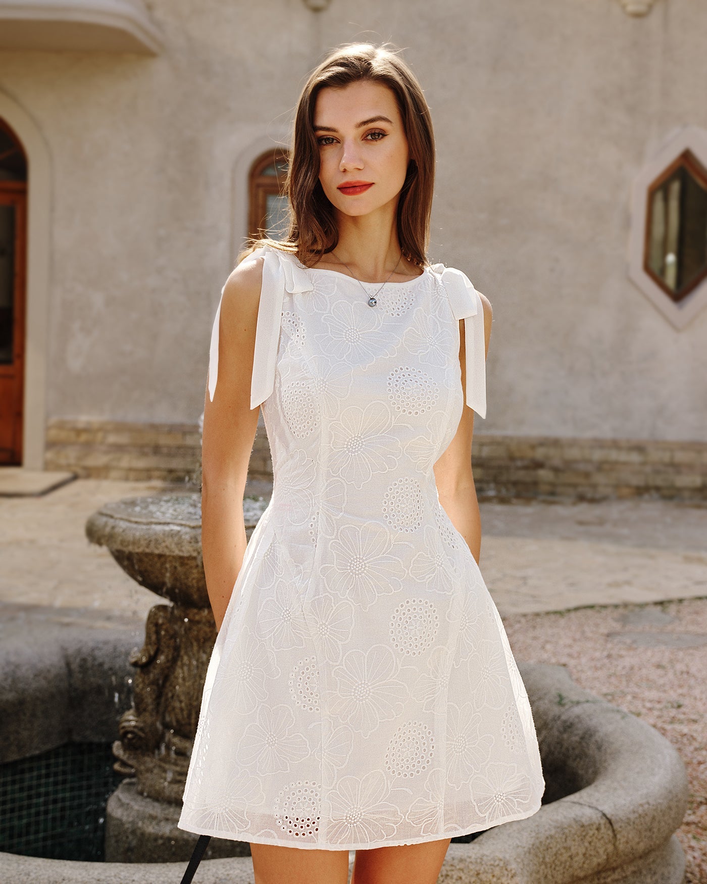 Textured Mini Dress with White Floral Design