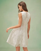 White Jacquard Mini Dress with Round Neck