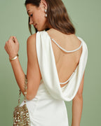 Pearl-Embellished Apricot Boat Neck Mini Dress