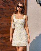 Textured Mini Dress with Apricot Floral Design