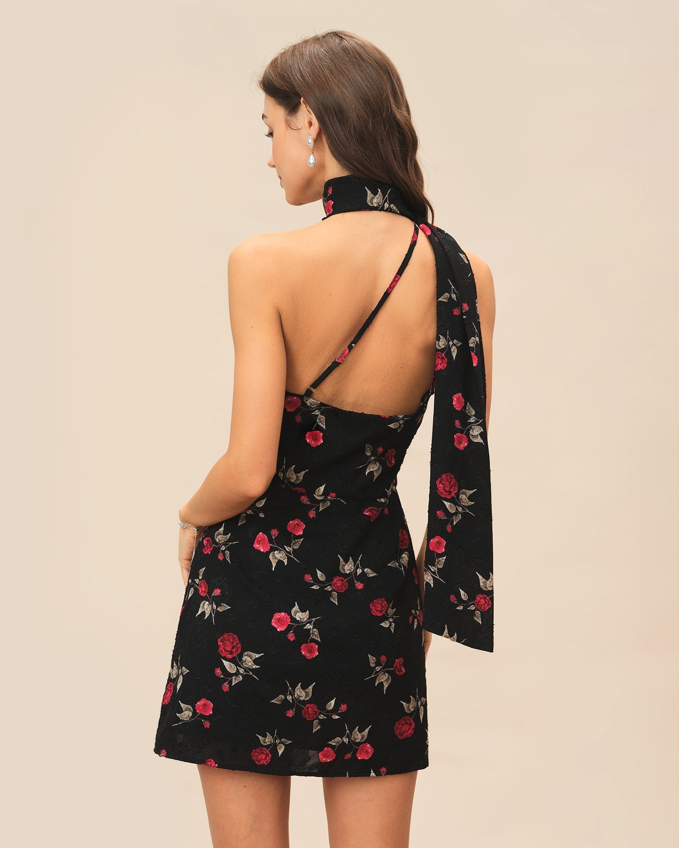 One-Shoulder Mini Dress in Black Jacquard