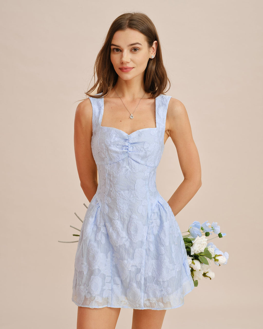 Jacquard Mini Dress with Blue Sweetheart Neckline