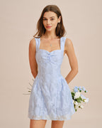 Jacquard Mini Dress with Blue Sweetheart Neckline