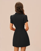 Black Mandarin Collar Mini Dress with Petal Sleeves